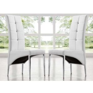 Vesta Studded White Faux Leather Dining Chairs In Pair