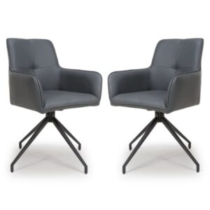 Novato Swivel Grey Faux Leather Dining Chairs In Pair