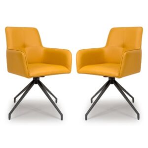 Novato Swivel Ochre Faux Leather Dining Chairs In Pair