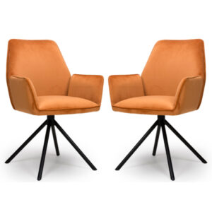 Utica Brunt Orange Carver Velvet Dining Chairs In Pair