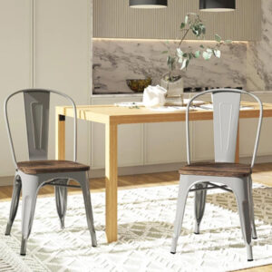 Fuzion Wooden Dining Chairs With Silver Metal Frame In Pair